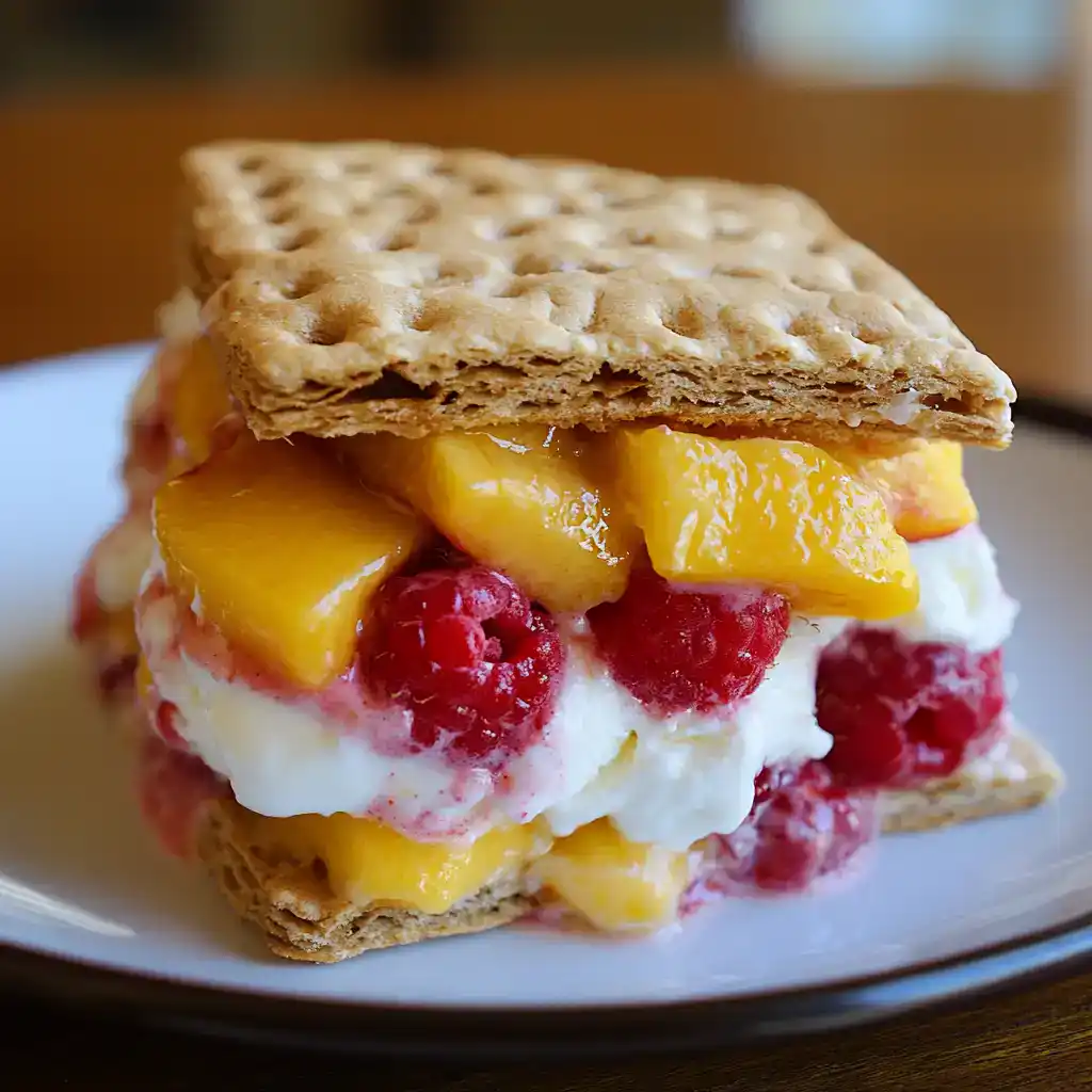 Butter crisp graham cracker sandwich with fresh peaches raspberries and cream on a white plate.