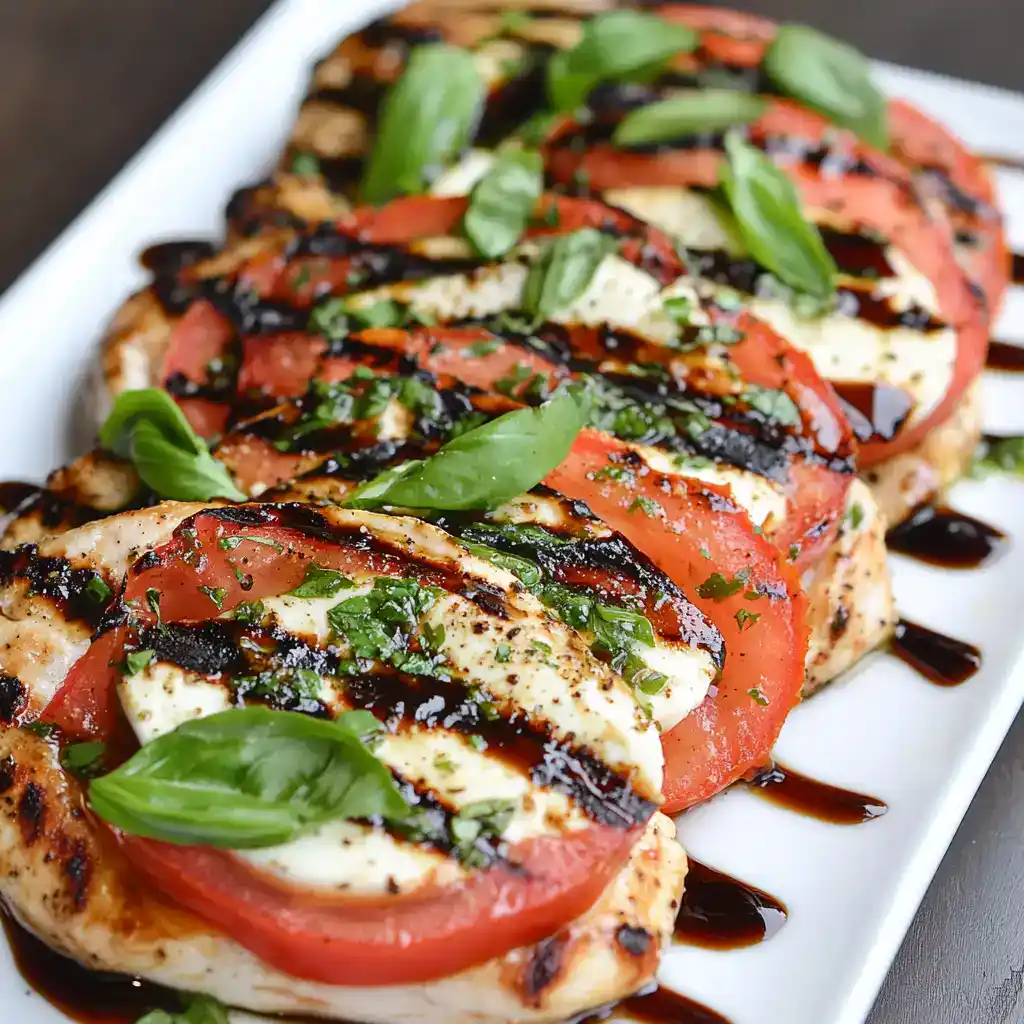 Fresh Caprese Chicken Salad with Tomatoes, Fresh Mozzarella, Basil, Balsamic Glaze, and Drizzled Balsamic Reduction on a White Plate - Perfect for Easy, Healthy Meals.