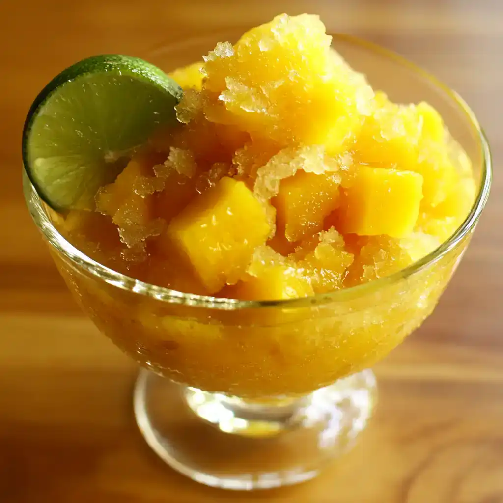 Refreshing frozen lemon and mango snow dessert in a glass bowl for summer cooling, topped with lime wedge, served as a sweet treat on hot days, perfect healthy snack.