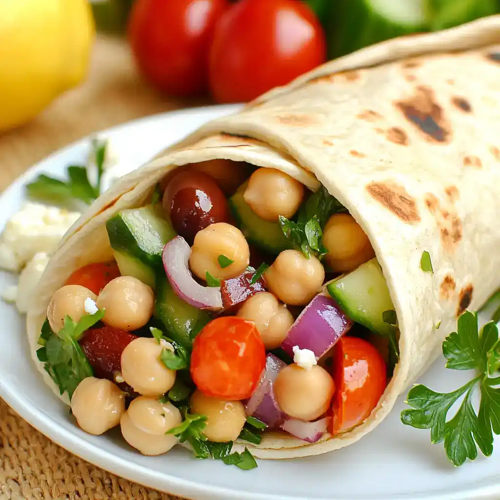 Fresh chickpea veggie wrap with cucumbers, tomatoes, red onions, and herbs on a flatbread tortilla. Perfect for a healthy, delicious lunch or snack, inspired by Station Recipes.