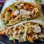 Soy sauce chicken ramen wrap with vegetables and noodles inside for Asian-inspired cuisine.