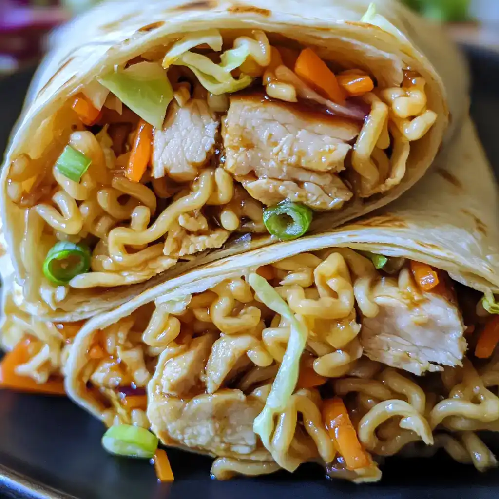 Soy sauce chicken ramen wrap with vegetables and noodles inside for Asian-inspired cuisine.