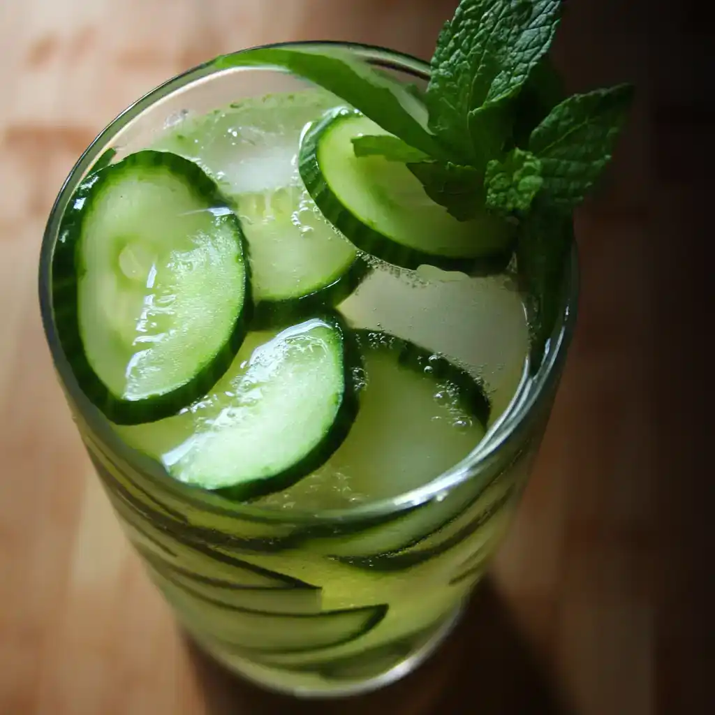 Fresh cucumber mint summer drink with slices, ice, and mint leaves in a tall glass for cooling, refreshing beverage recipe.