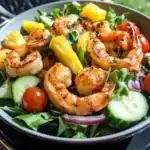Grilled shrimp salad with fresh vegetables, including cherry tomatoes, cucumber, pineapple, and greens, garnished with cilantro, perfect for a healthy, flavorful meal.