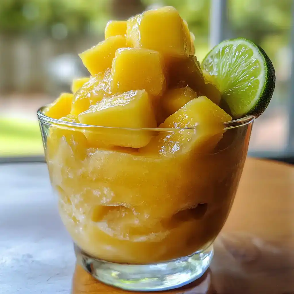 Sweet mango chunks in a glass bowl with lime wedge, refreshing fruit dessert, perfect for summer, healthy snack, tropical fruit recipe, easy mango dessert, fruit salad, station recipes.