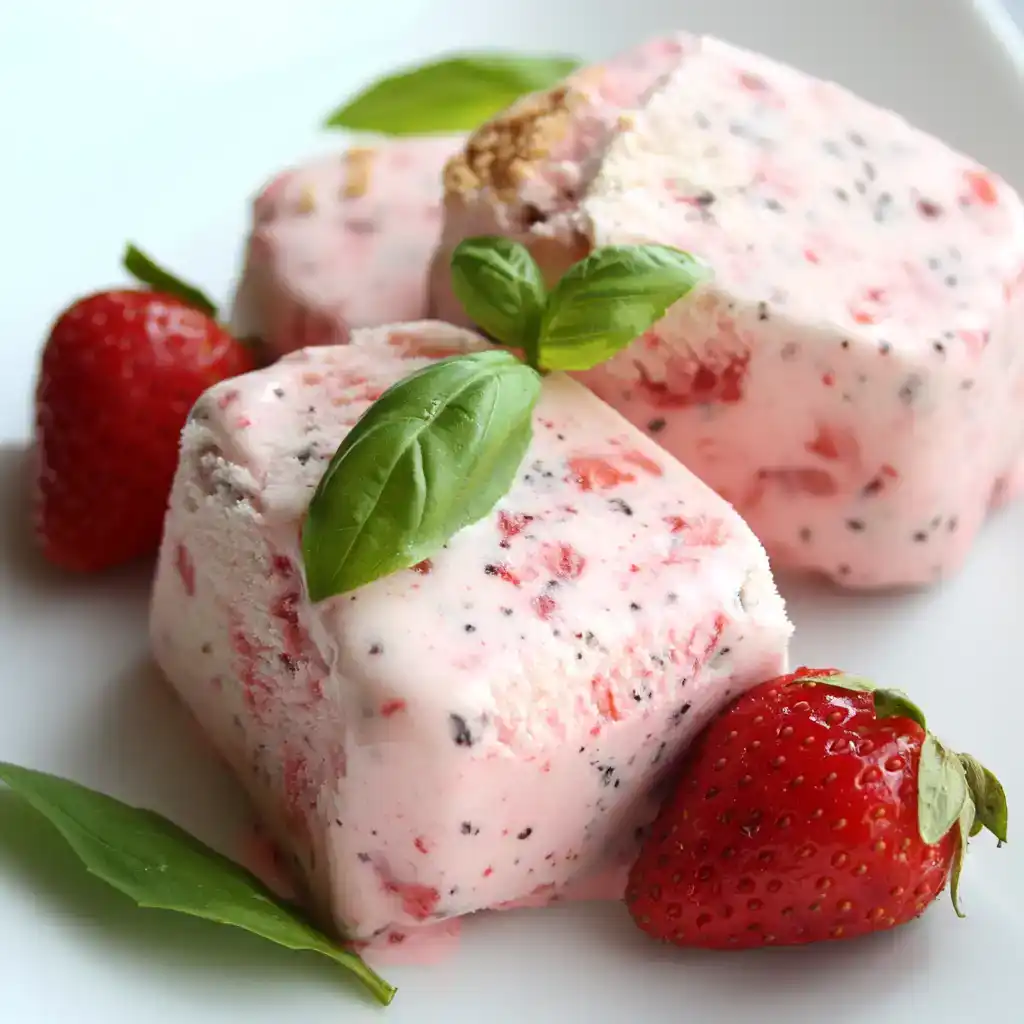 Sweet strawberry ice cream with fresh strawberries and basil garnish, perfect for summer desserts.