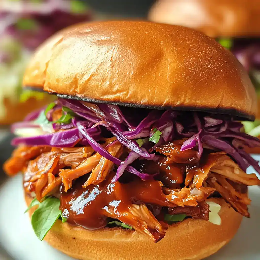 Flavorful pulled pork sandwich with BBQ sauce, fresh greens, and crunchy purple cabbage on a toasted bun. Perfect for delicious comfort food or outdoor cookouts.