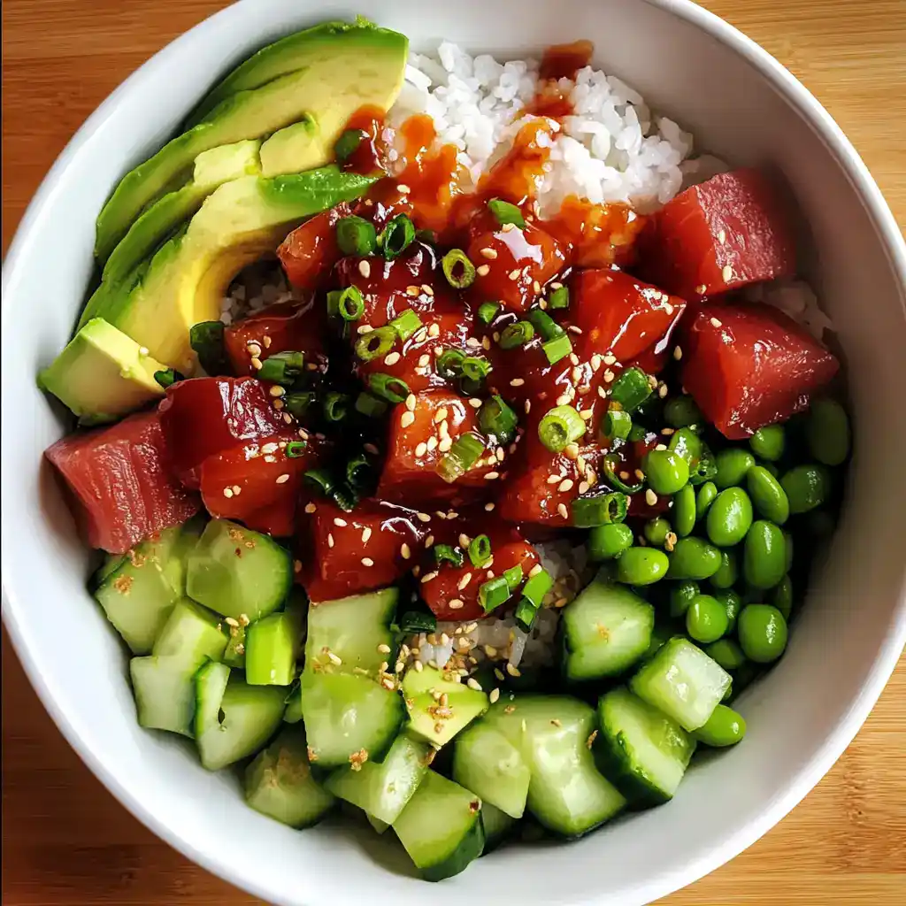 Fresh ahi tuna poke bowl with avocado, cucumber, edamame, and rice, topped with green onions and sesame seeds, served in a white bowl for a healthy, flavorful meal.