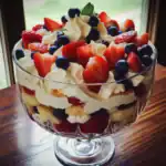 Fresh strawberry shortcake parfait layered with whipped cream, blueberries, and sponge cake in a glass dessert dish. Perfect for summer desserts and fruit lovers.