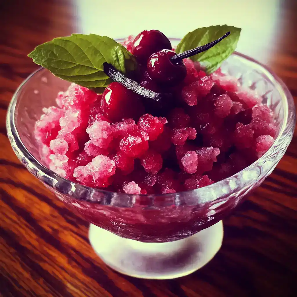 Frozen cherry granita with fresh mint leaves and whole cherries in a glass bowl. Perfect for summer desserts and refreshing treats.