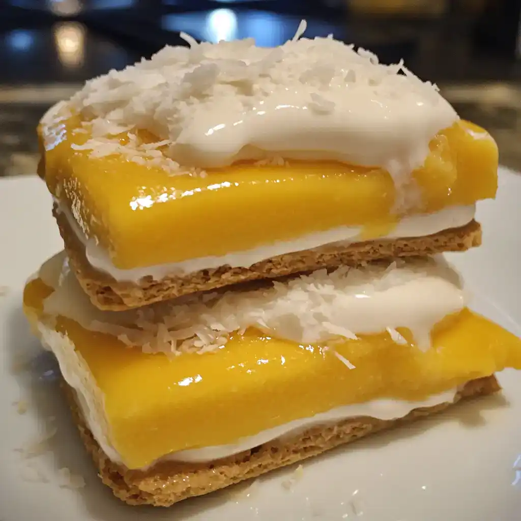 Peach Cobbler Dessert with Coconut Shredding, creamy whipped topping, and flaky crust, perfect for easy summer dessert recipes or family gatherings.
