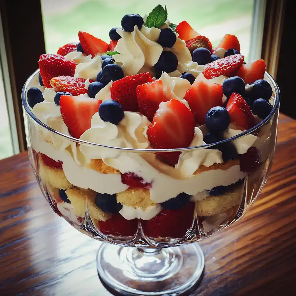 Fresh strawberry shortcake parfait layered with whipped cream, blueberries, and sponge cake in a glass dessert dish. Perfect for summer desserts and fruit lovers.