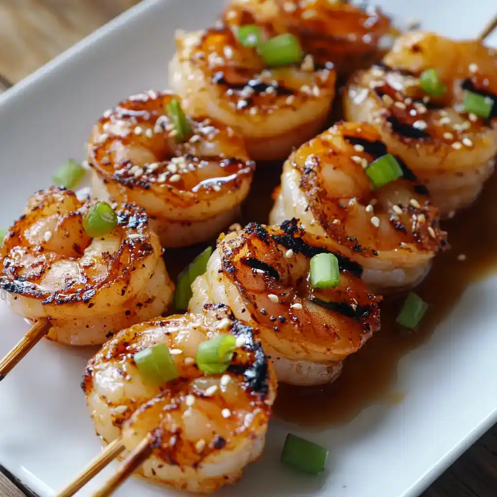 Succulent grilled shrimp skewers topped with sesame seeds, green onions, and drizzled with a savory glaze, perfect for easy seafood appetizers or main dishes.