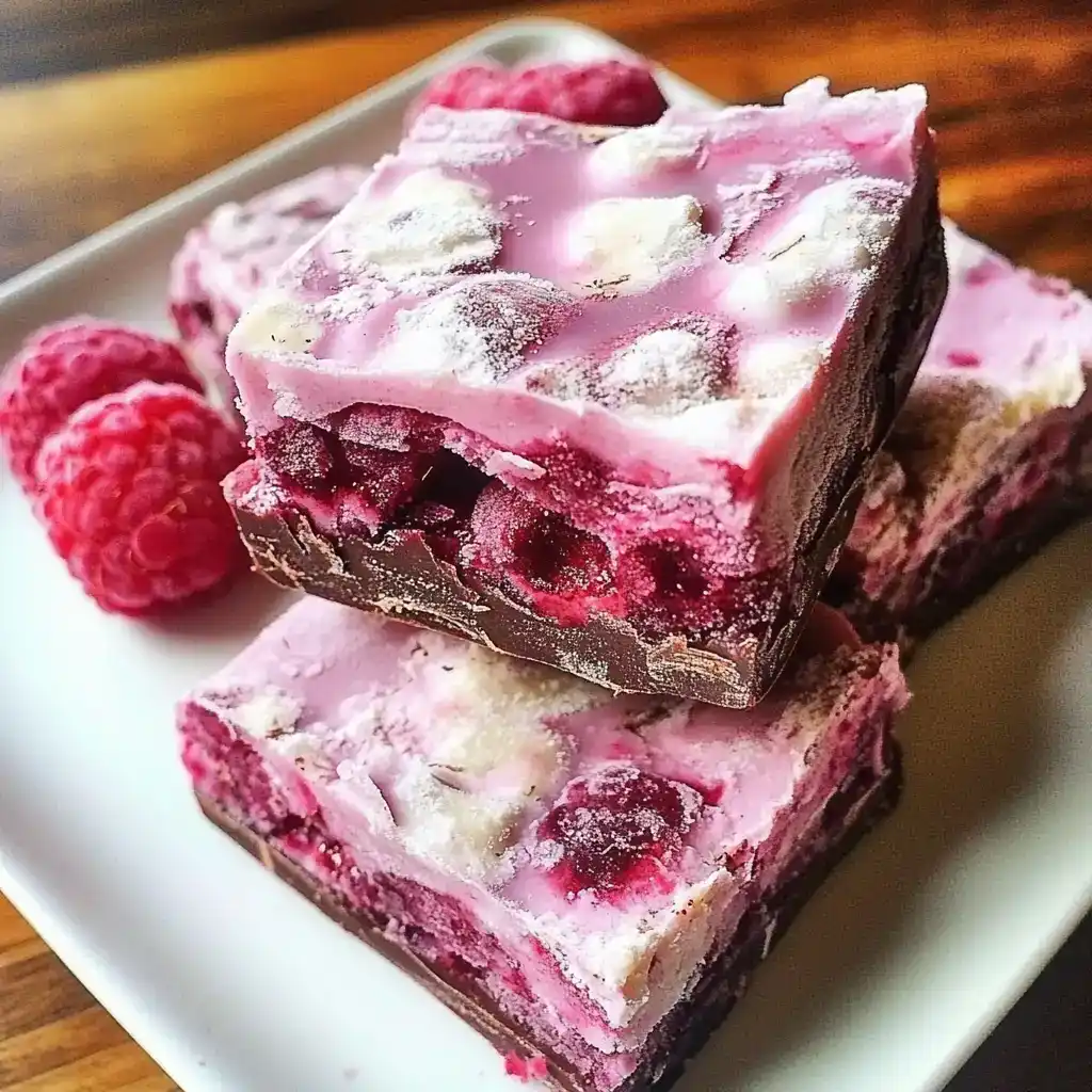 Fresh raspberry fudge squares with a creamy berry swirl, topped with powdered sugar, served on a white dish. Perfect for raspberry dessert recipes and homemade sweet treats.