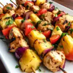 Grilled chicken and vegetable skewers with colorful peppers, onions, and pineapple, perfect for summer grilling, outdoor BBQs, and healthy eating. Delicious, easy-to-make skewers for backyard cookouts.