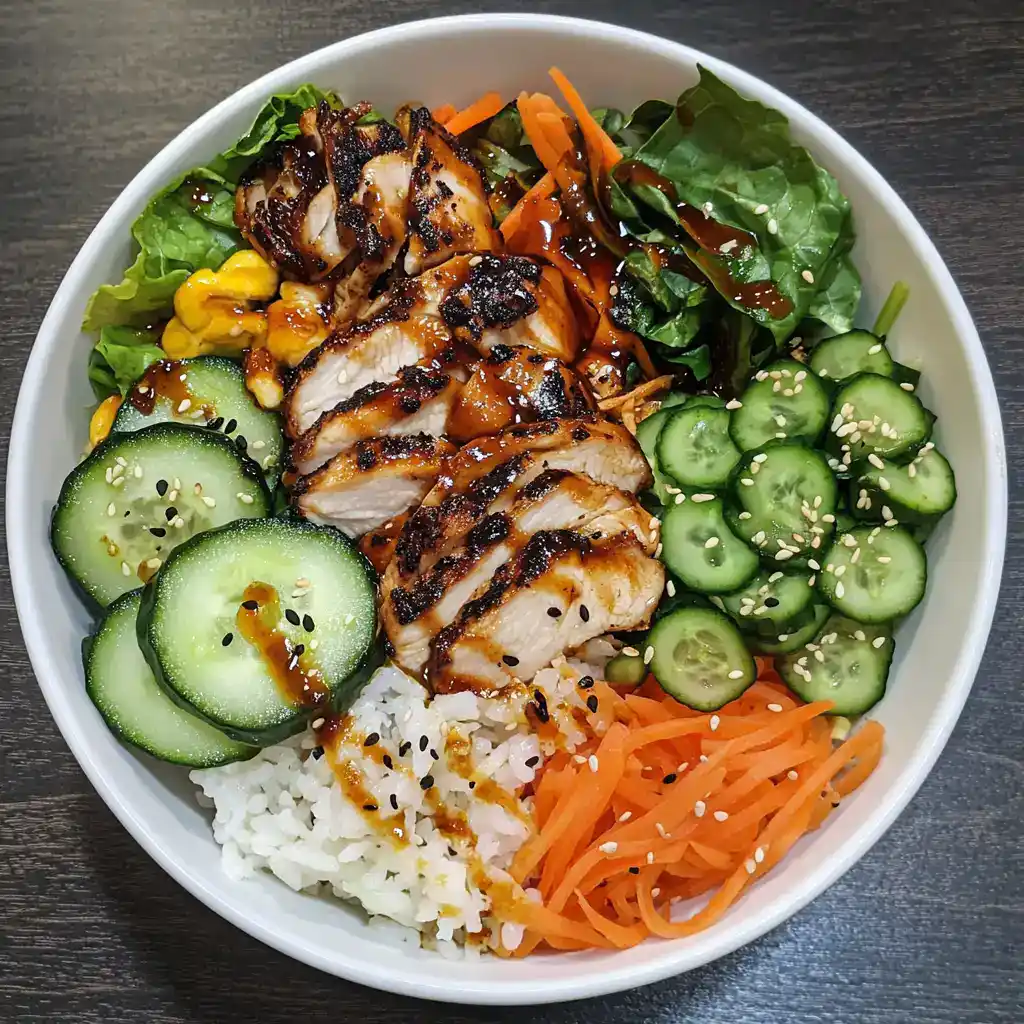 Grilled chicken salad bowl with fresh vegetables, cucumber, carrots, and mixed greens, topped with sesame seeds and savory sauce, perfect for healthy meal options from Station Recipes.