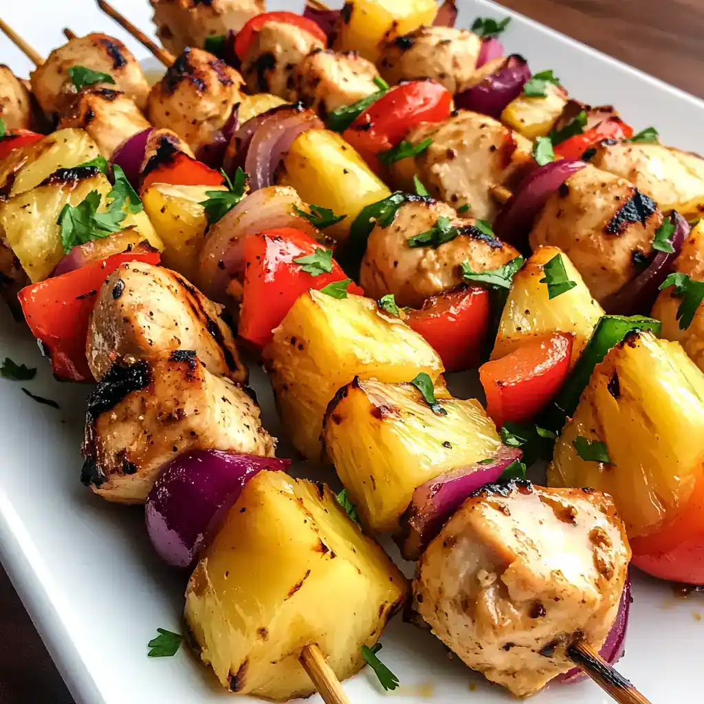 Grilled chicken and vegetable skewers with colorful peppers, onions, and pineapple, perfect for summer grilling, outdoor BBQs, and healthy eating. Delicious, easy-to-make skewers for backyard cookouts.