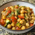 Savory chickpea vegetable stew in a bowl with zucchini, tomatoes, and herbs, perfect for healthy vegetarian meals.