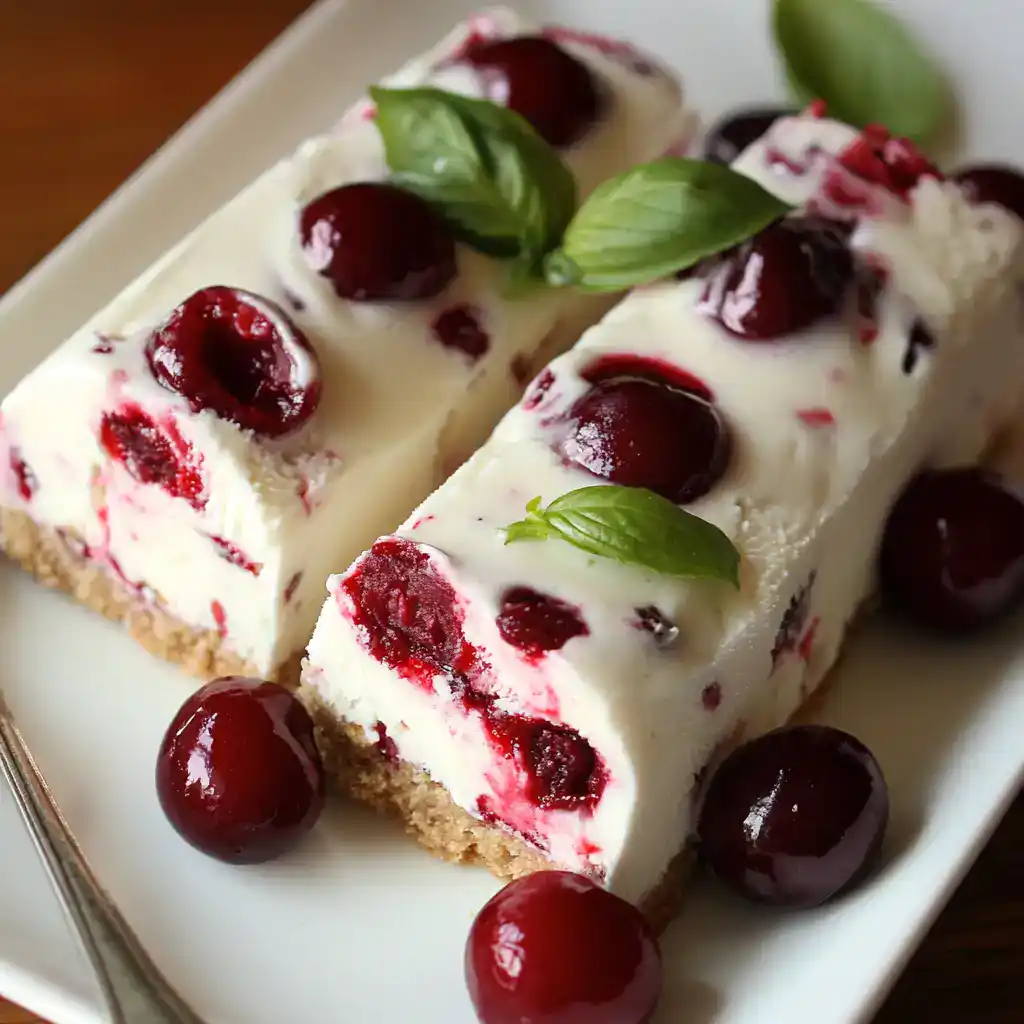 Creamy cherry cheesecake bars topped with fresh cherries and basil leaves on a white serving dish, perfect for summer desserts and cherry recipes.