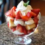 Fresh strawberry shortcake trifle with whipped cream and cake cubes in a glass dessert bowl for a delicious strawberry dessert recipe.
