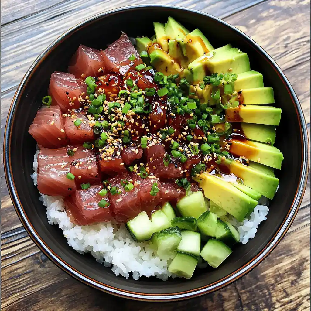 Fresh tuna poke bowl with diced avocado, cucumber, and green onions on a bed of sushi rice, drizzled with soy sauce and sesame seeds, served in a black bowl.
