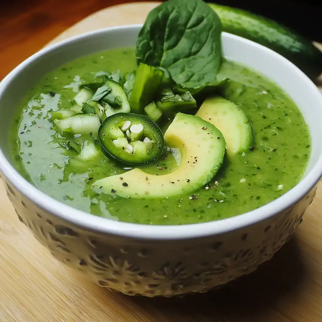 Creamy avocado cucumber jalapeño gazpacho in a decorative bowl, garnished with fresh herbs and vegetables, perfect for healthy summer recipes.
