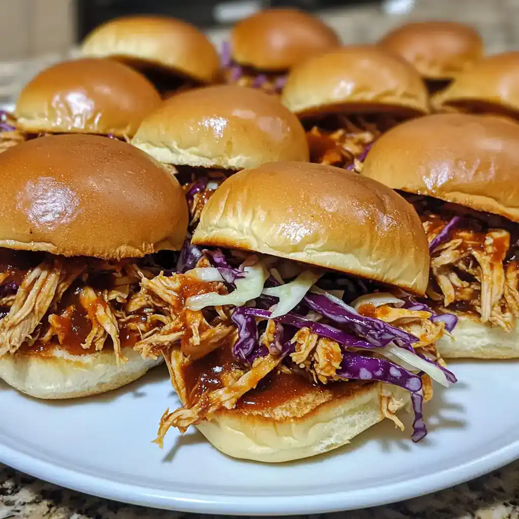 Juicy pulled pork sliders with purple cabbage slaw on soft sandwich buns, perfect for easy game day or party appetizers.