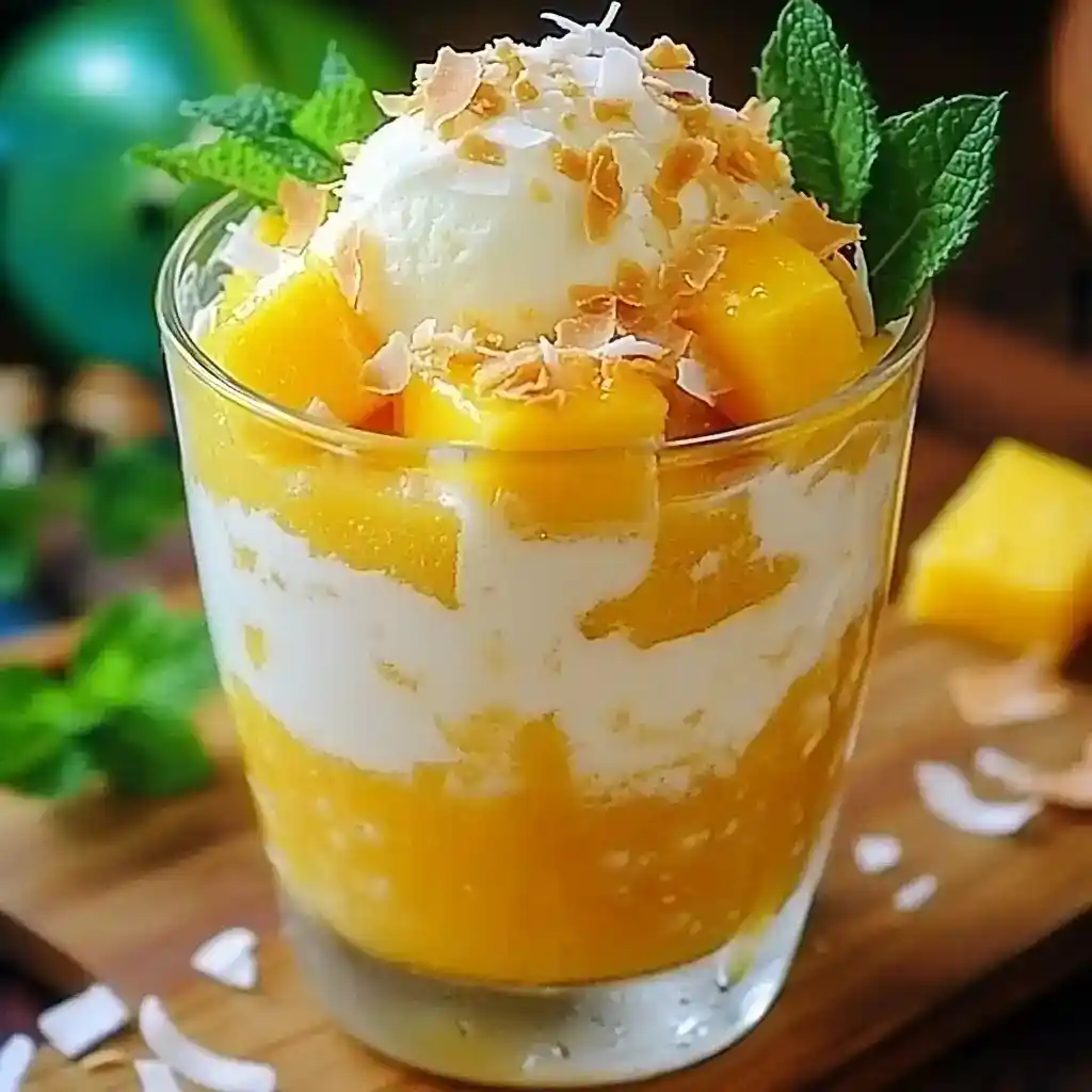 Fresh Mango Coconut Ice Cream in a glass, topped with toasted coconut flakes and mint leaves, served with ripe mango chunks, perfect for a delicious summer dessert.
