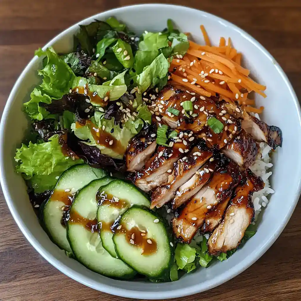 Grilled chicken with rice, fresh cucumber, lettuce, shredded carrots, and sesame seeds in a bowl, drizzled with a savory sauce, creating a healthy and delicious Asian-inspired meal.
