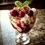 Sweet cherry sundae with whipped cream, cherries, granola, and fresh basil in a glass dessert cup, perfect for summer desserts and ice cream treats.
