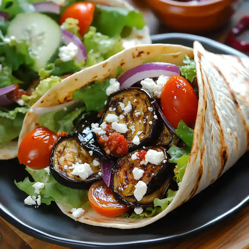 Roasted eggplant and vegetable wrap with feta cheese, fresh greens, cherry tomatoes, and red onions on a soft tortilla for a healthy meal.