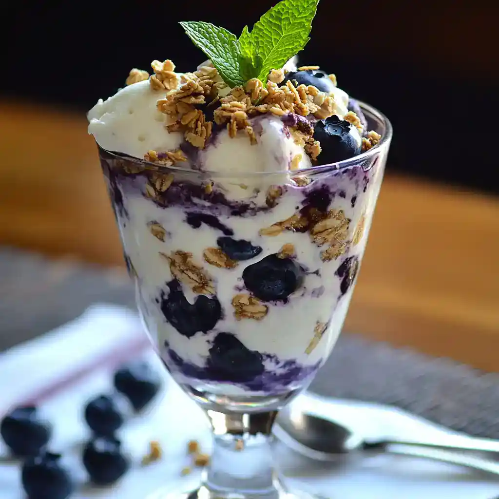 Sweet blueberry parfait with granola and fresh mint in a transparent glass, topped with blueberries and a sprig of mint, perfect for breakfast or dessert.