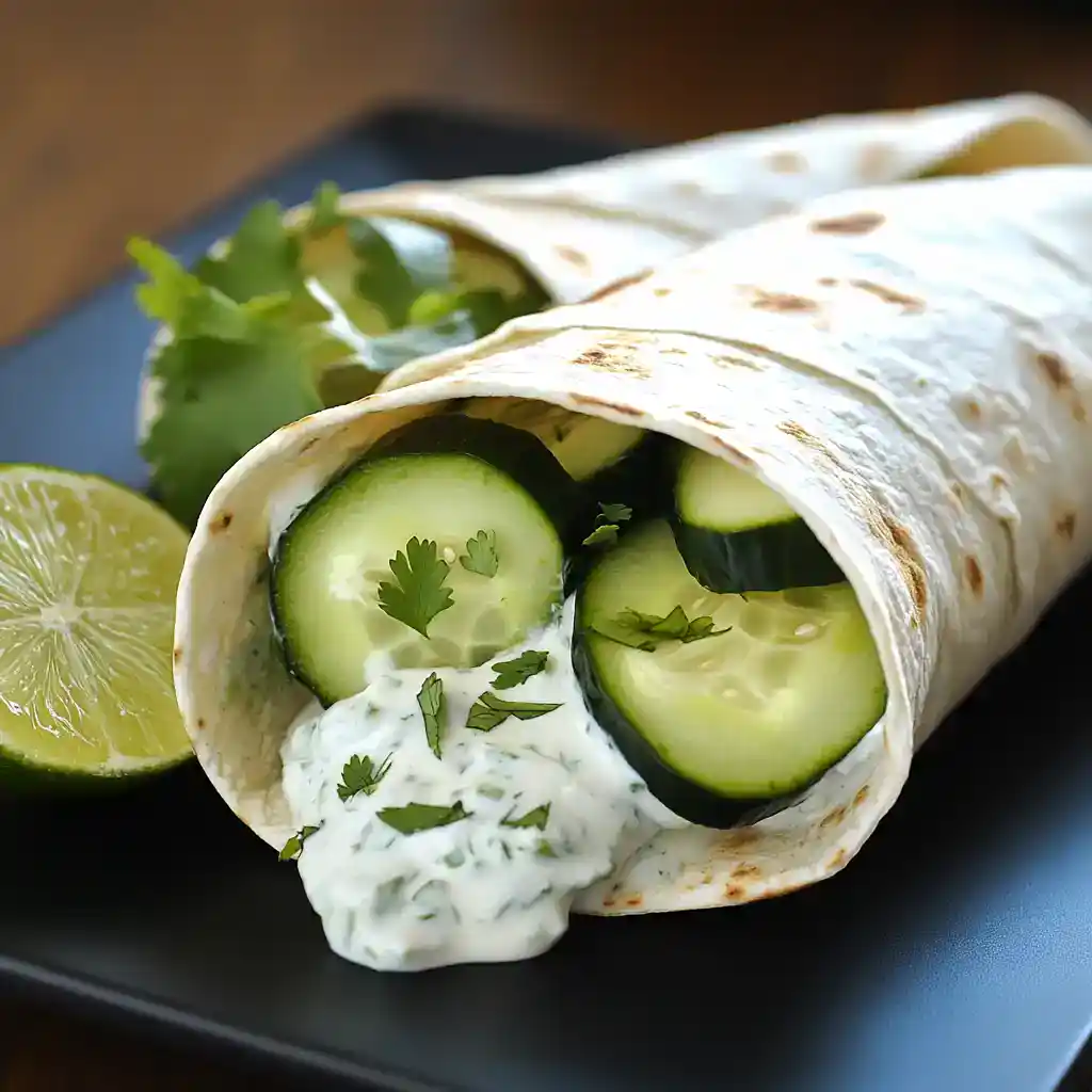 Fresh cucumber and cilantro wraps with creamy sauce on a black plate, garnished with lime and parsley. Perfect for healthy snacks or light meals.