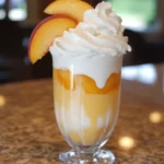 Sweet peach parfait with whipped cream and fresh peach slices, served in a tall glass, perfect for summer desserts and fruity treat recipes.