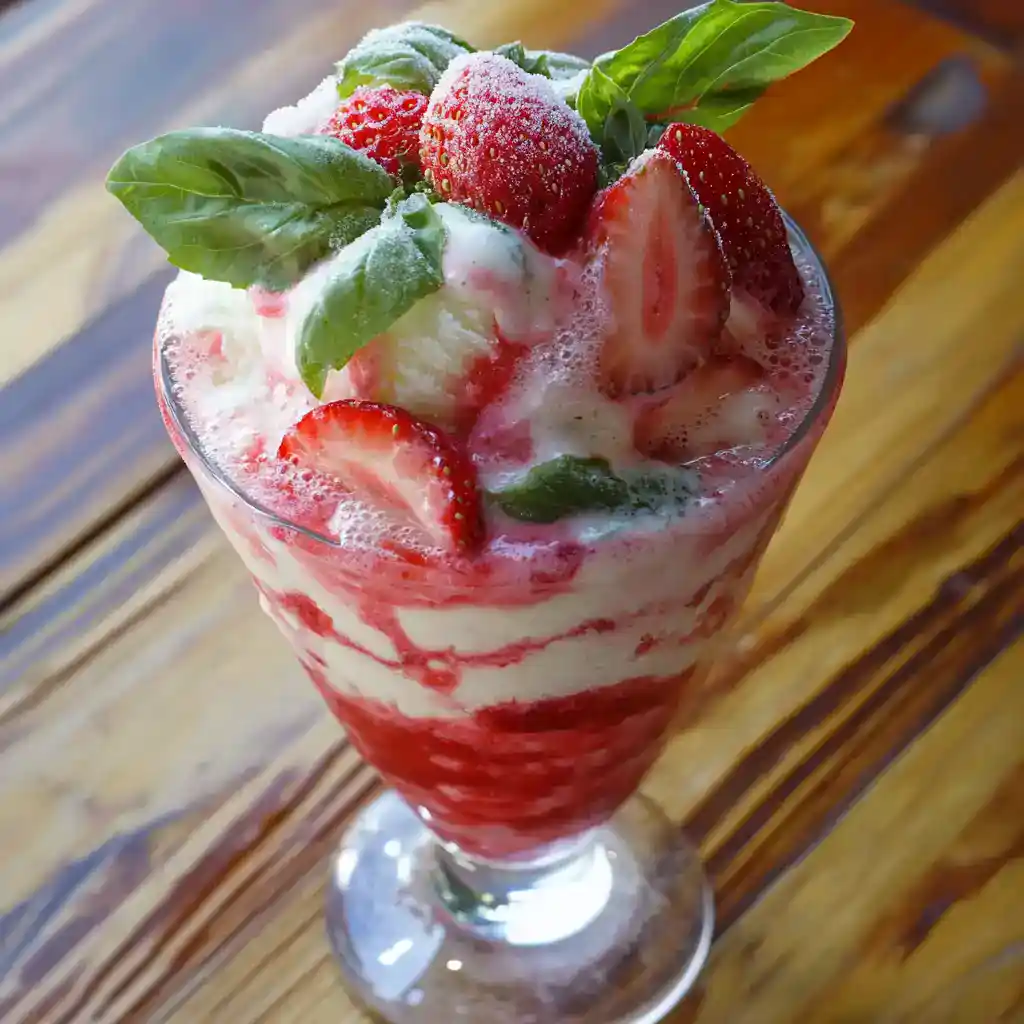 Fresh strawberry dessert with basil leaves and whipped cream in a tall glass, served on a rustic wooden table, perfect for summer or dessert recipes from Station Recipes.