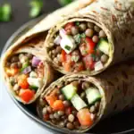 Fresh lentil and vegetable wraps filled with diced cucumbers, tomatoes, red onions, and herbs on a black plate, perfect for healthy meal options.