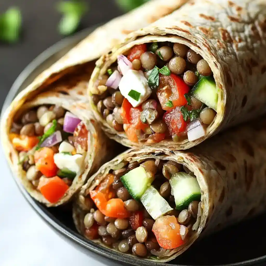 Fresh lentil and vegetable wraps filled with diced cucumbers, tomatoes, red onions, and herbs on a black plate, perfect for healthy meal options.