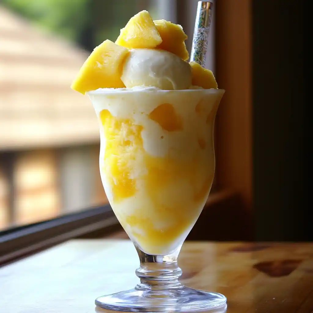 Creamy mango pineapple ice cream sundae with fresh fruit chunks in a tall glass, perfect for summer desserts.