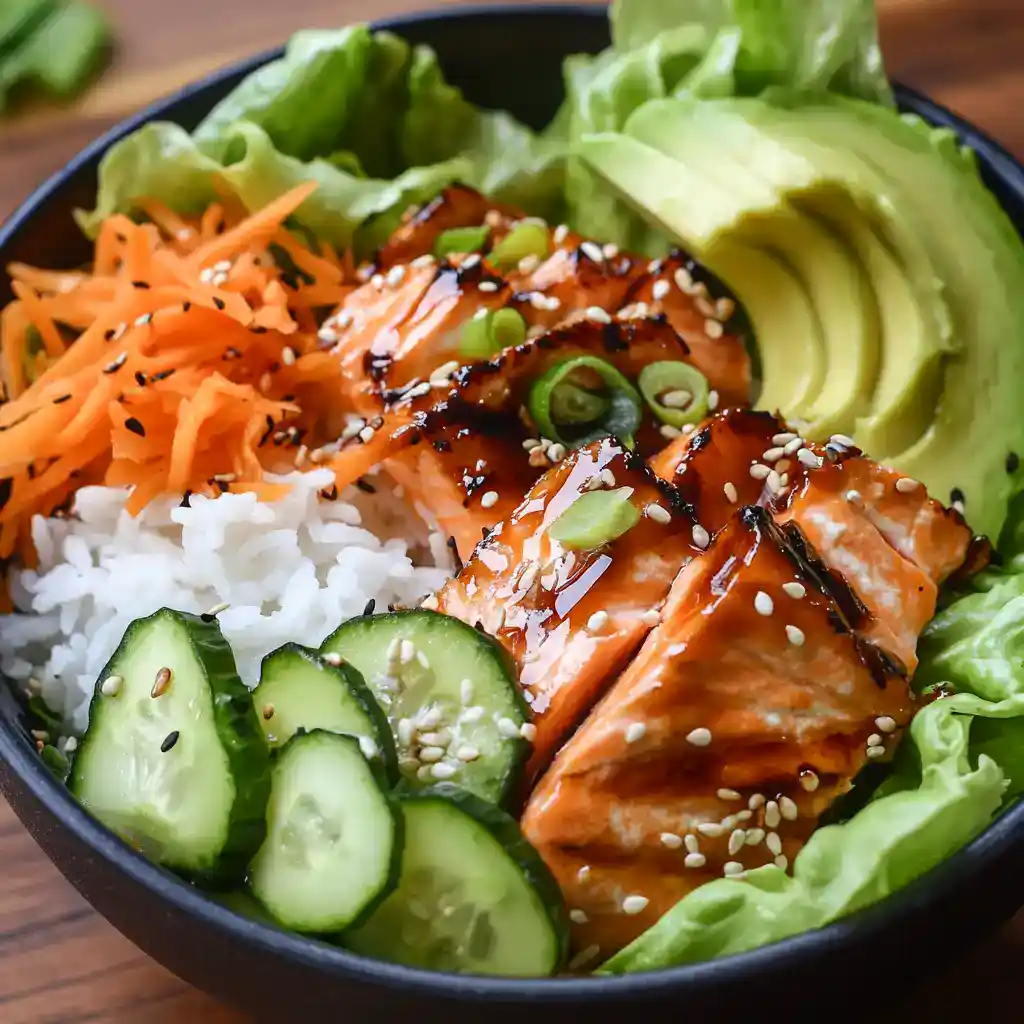 Salmon poke bowl with cucumber avocado carrots and greens, healthy seafood recipe, Asian-inspired dish, fresh salmon salad, nutritious lunch or dinner option.