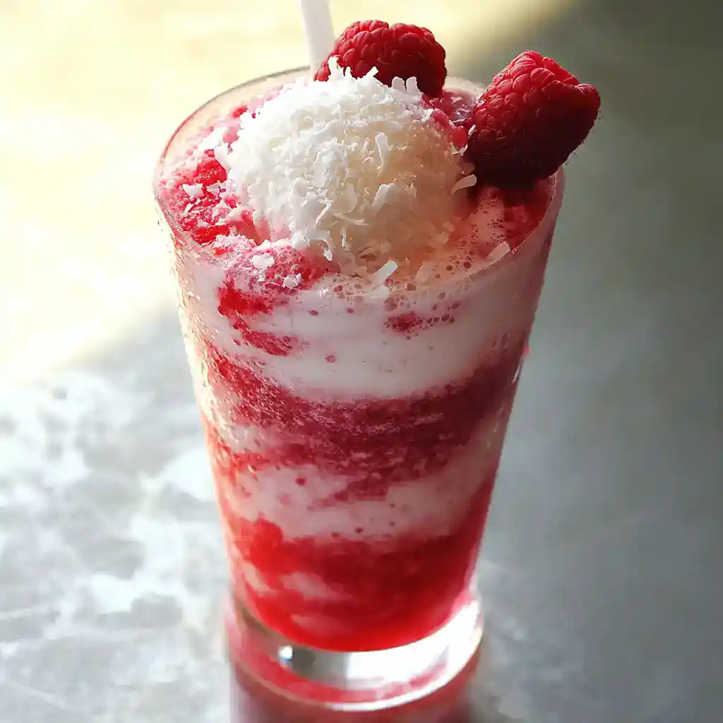 Sweet raspberry milkshake topped with coconut flakes and fresh raspberries, perfect for summer desserts and refreshing beverages.