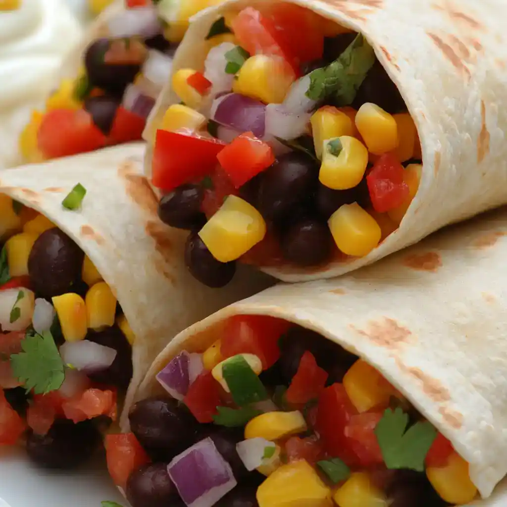 Fresh vegetable burritos filled with corn, black beans, tomatoes, onions, and cilantro, wrapped in soft flour tortillas. A delicious, healthy, and easy-to-make vegetarian meal for lunch or dinner.