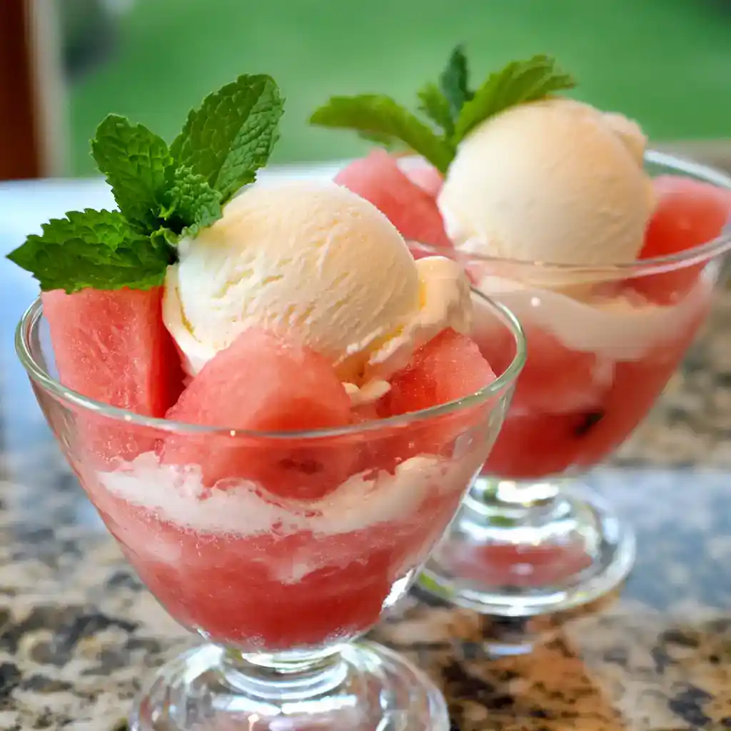 Fresh watermelon ice cream sundaes topped with mint leaves, served in elegant glass bowls, perfect for summer desserts and easy to make at home | Station Recipes.