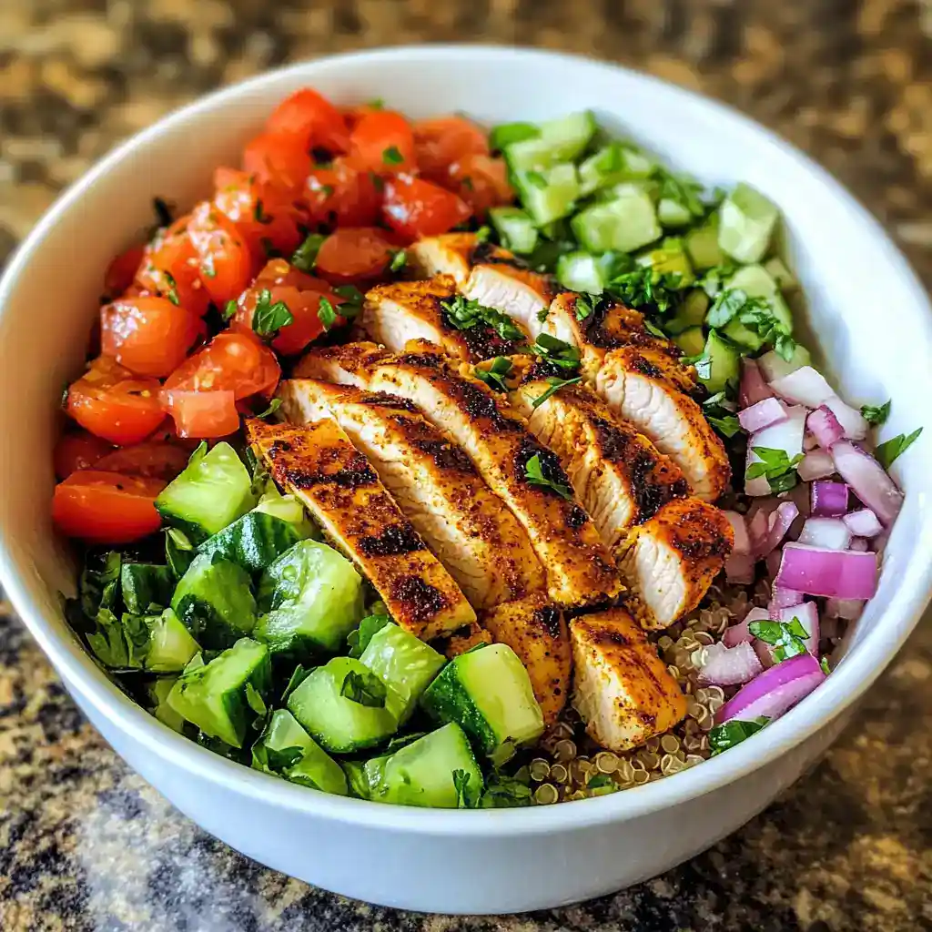 Grilled chicken bowl with fresh vegetables, cherry tomatoes, cucumbers, red onions, and herbs, served over quinoa, healthy and colorful meal from Station Recipes.