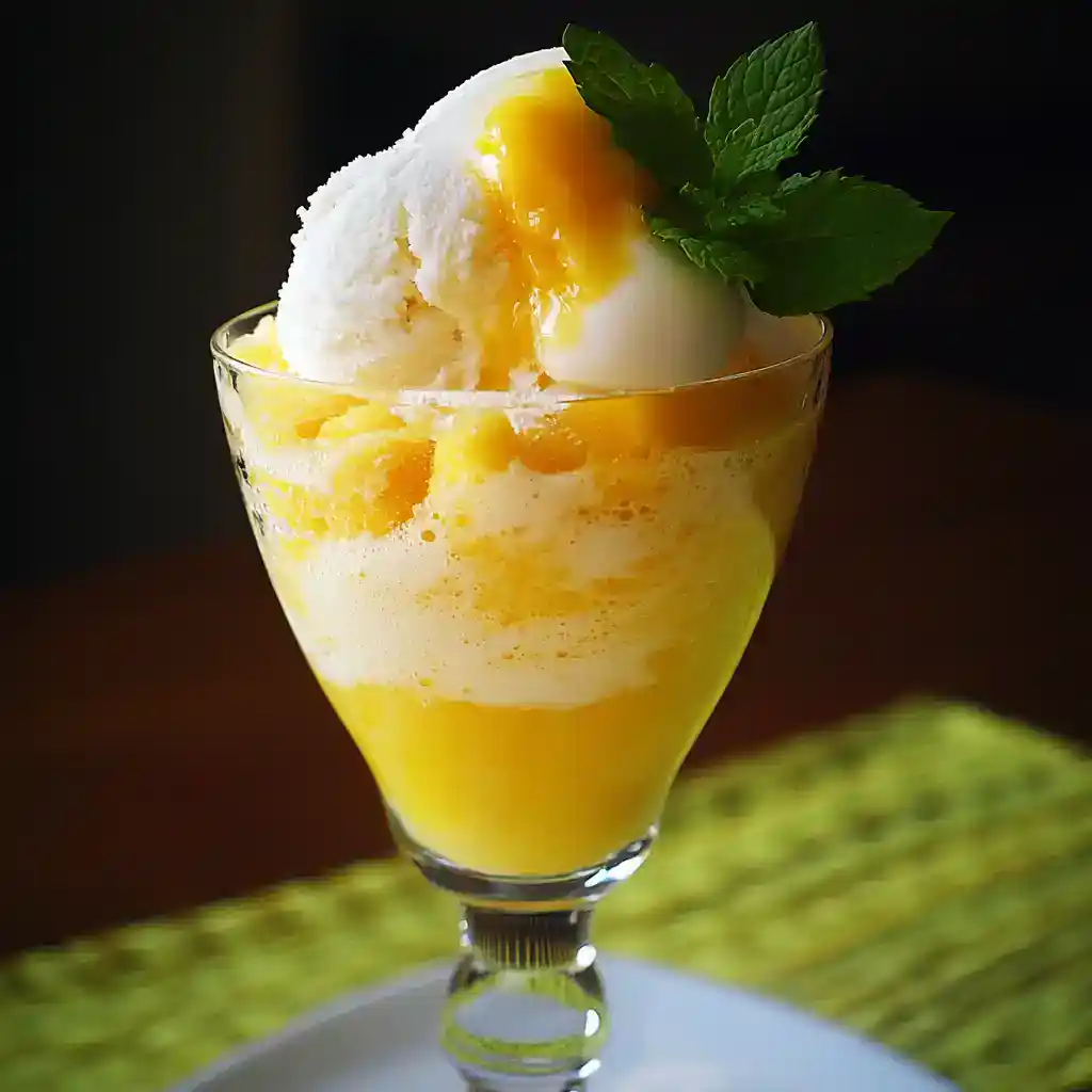 Fresh mango sorbet with mint garnish in a clear dessert glass, perfect for summer desserts and cooling treats.