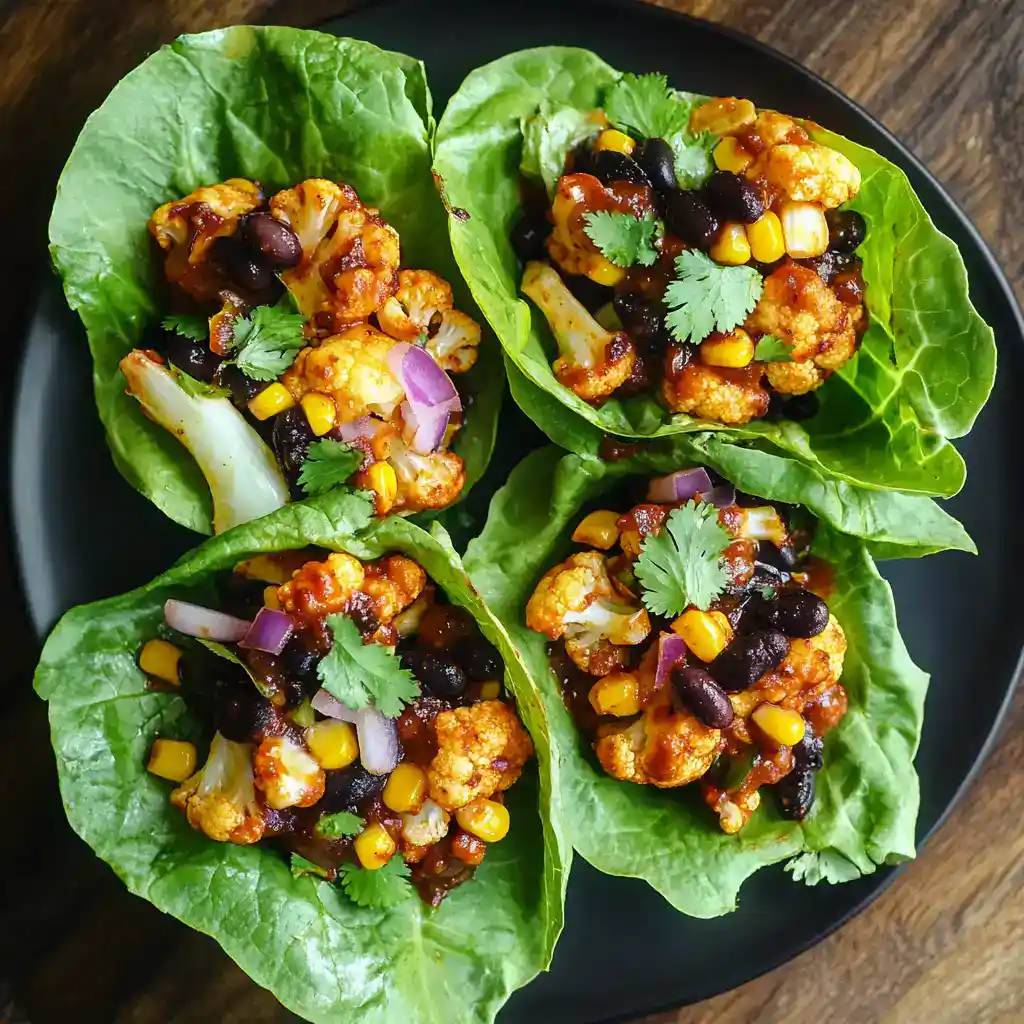 Buffalo Cauliflower Lettuce Wraps with Black Beans, Corn, Red Onion, and Cilantro – healthy vegan appetizer, easy to make, perfect for parties or snacks. Fresh lettuce cups filled with spicy cauliflower and vegetable toppings.