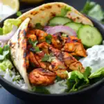 Grilled chicken shawarma with fresh vegetables and rice in a black bowl, featuring grilled pita bread, cucumbers, red onions, and cilantro. A healthy, flavorful middle eastern-inspired meal.