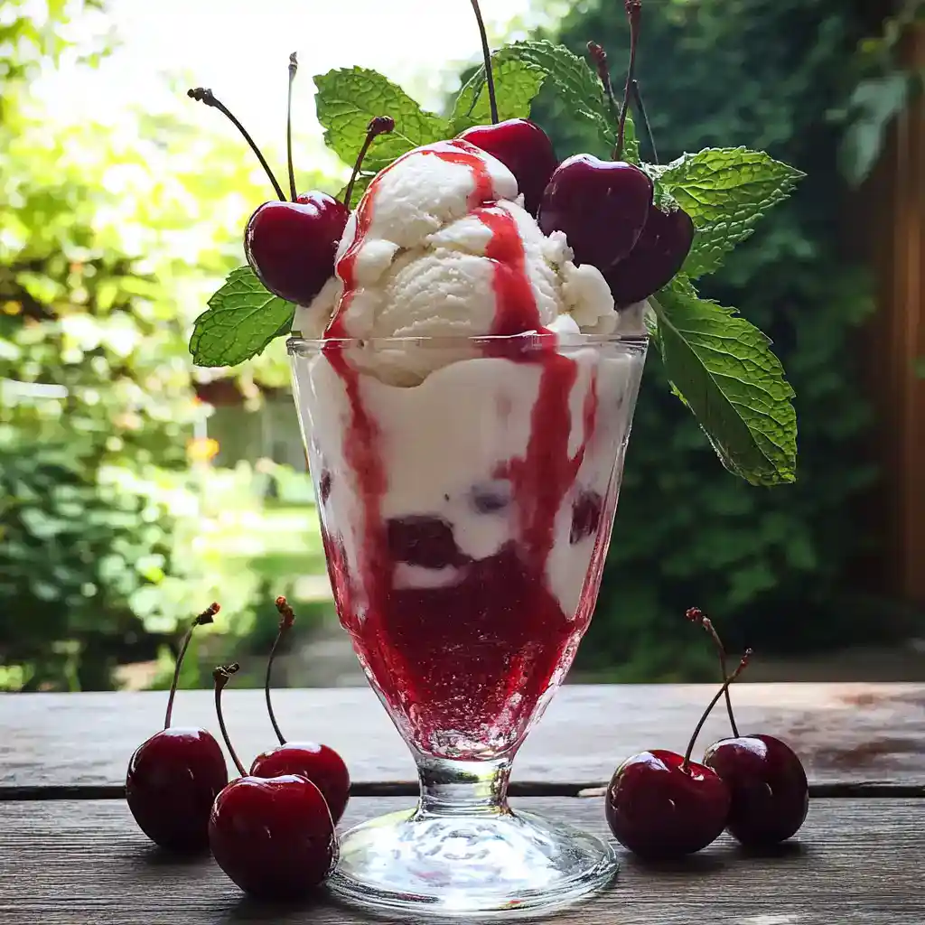Sweet cherry ice cream sundae with fresh cherries, mint leaves, and cherry syrup in a tall glass on a wooden table, outdoor background, perfect for summer dessert recipes.