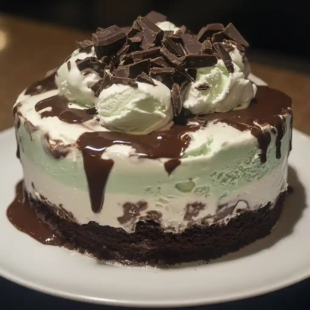 Chocolate and vanilla layered ice cream cake topped with whipped cream and chocolate shavings, perfect for special occasions.