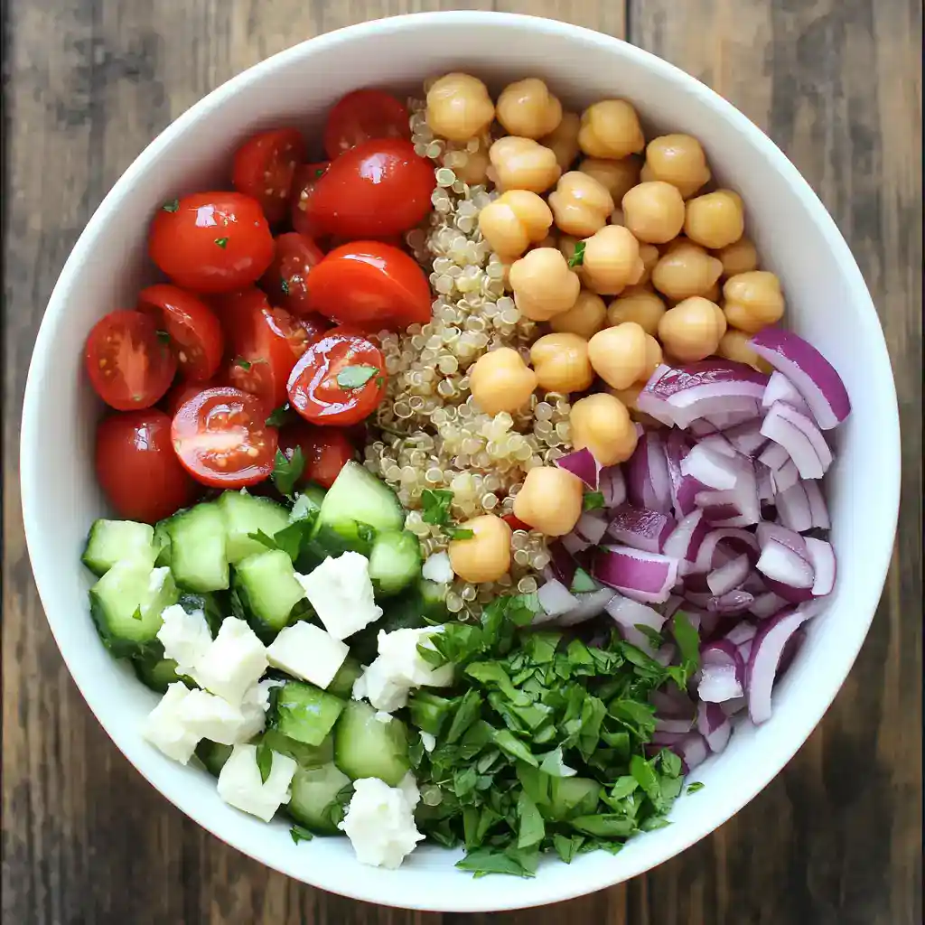 Fresh vegetable salad with cherry tomatoes, chickpeas, quinoa, red onions, cucumbers, feta cheese, and herbs. Perfect for healthy eating and meal prep. Ideal for lunch or light dinner.