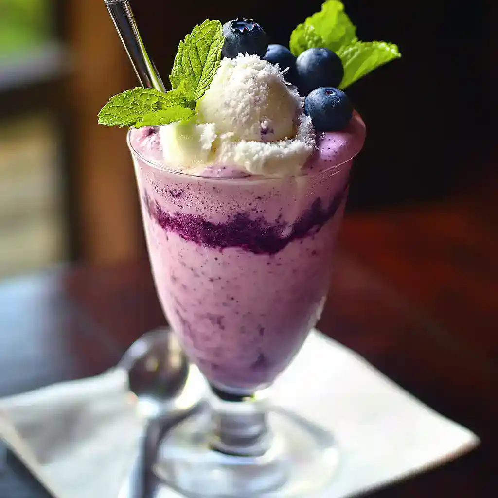 Sweet blueberry milkshake with fresh blueberries, mint leaves, and whipped cream. Perfect for a refreshing summer dessert or treat. Enjoy this creamy, berry-flavored beverage from Station Recipes.
